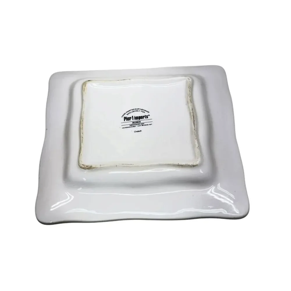 Pier 1 ROBIN Earthenware 8.25in Square Scalloped Edge Plate Bird Twig Lot of 2